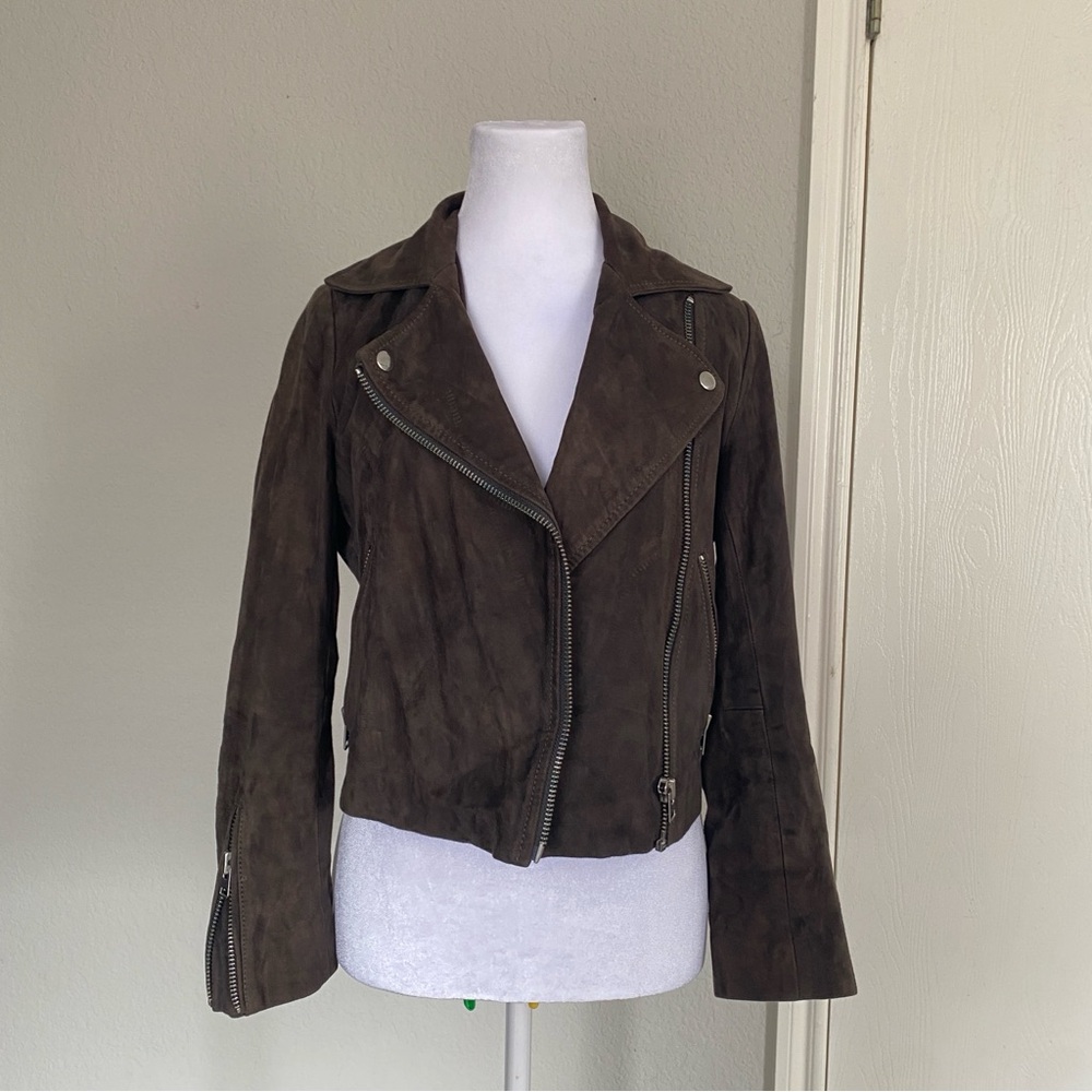 Topshop Dark Brown Leather Bomber Jacket - Size 2